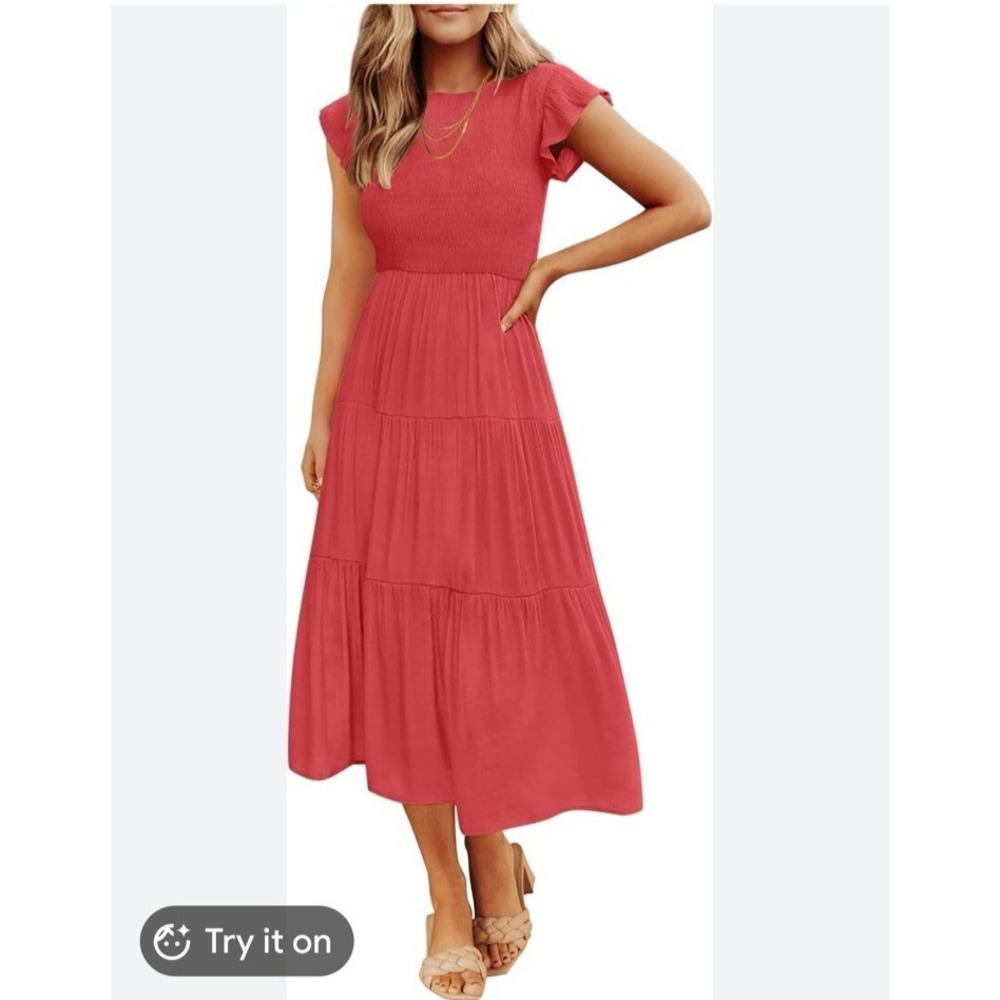 Zcsia Smocked Flutter Sleeve Tiered Maxi Dress Medium Rayon Boho Cottagecore